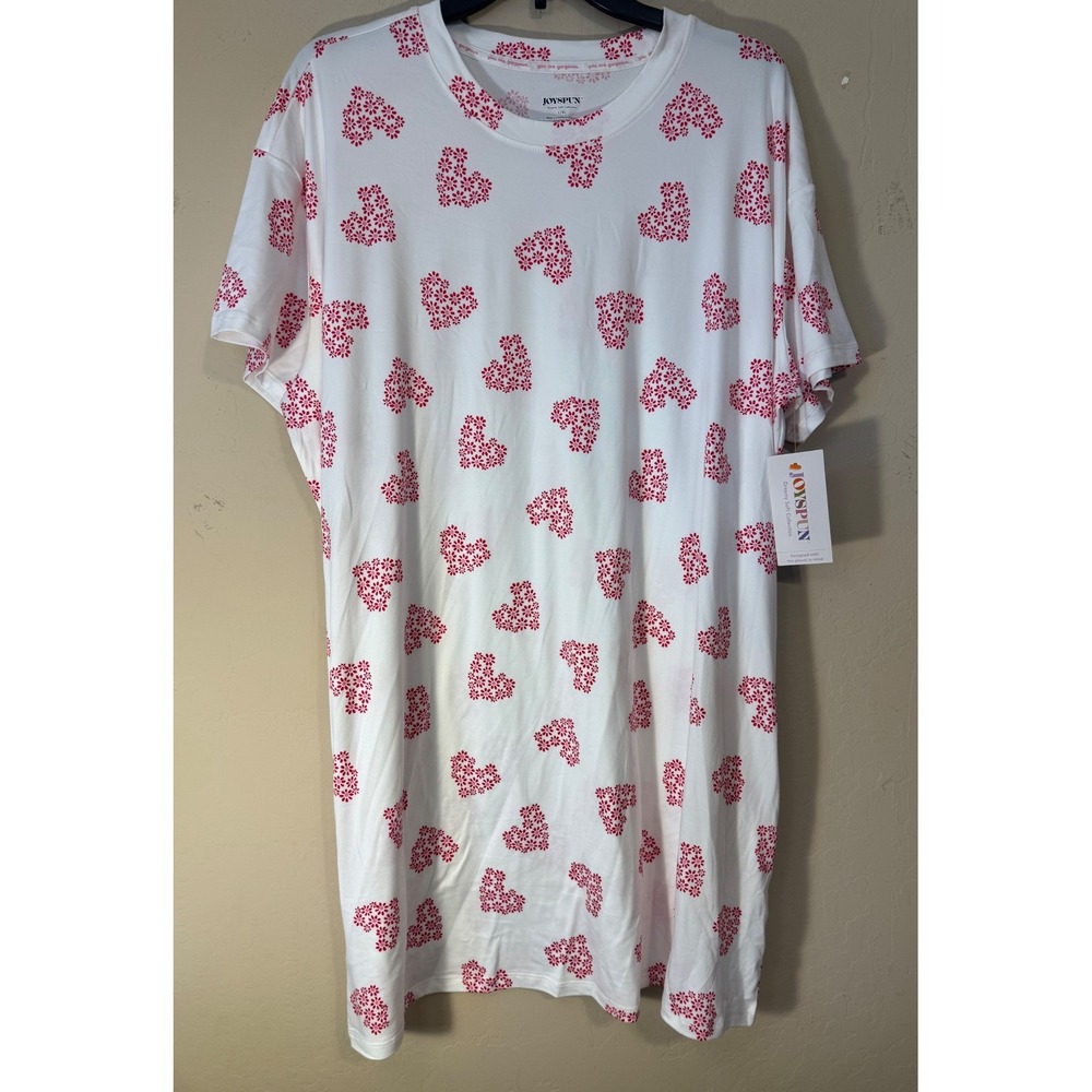 Joyspun Sleep Shirt Women L/XL White Red‎ Floral Heart Pockets Pajamas NEW